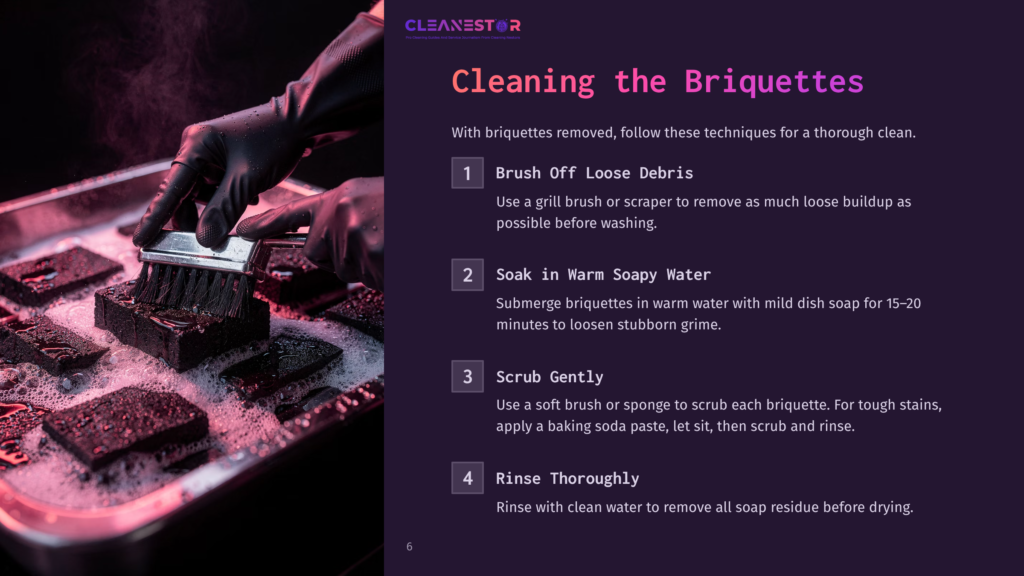A Gloved Hand Scrubs A Briquette With A Brush In A Sink Full Of Suds, Part Of A Cleaning Guide For Briquettes.