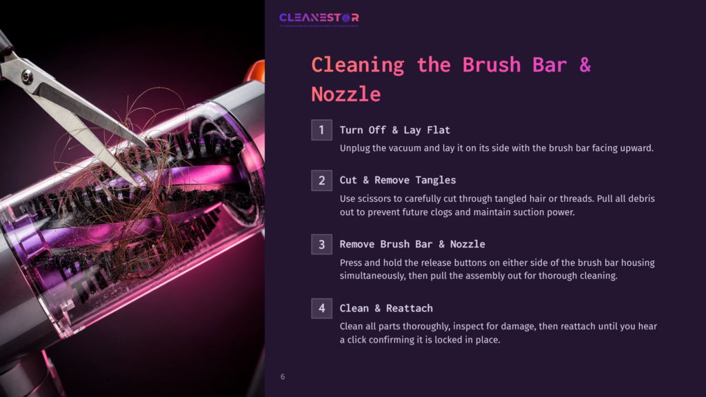 Close-Up Of A Person'S Hands Using Scissors To Carefully Cut Tangled Hair And Debris From A Vacuum Cleaner Brush Bar And Nozzle.