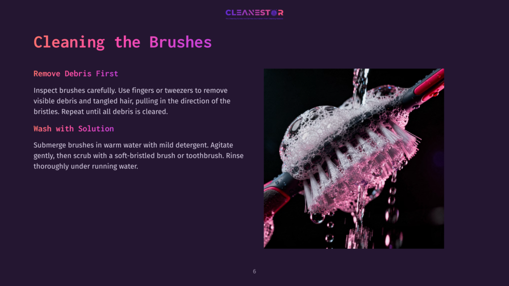 A Close-Up Shot Shows A Cleaning Brush With Bristles Being Submerged In Foamy Water, Demonstrating A Cleaning Process. The Bristles Are Covered In Soap Suds And Water Droplets, With A Blurred Pink And Grey Handle.