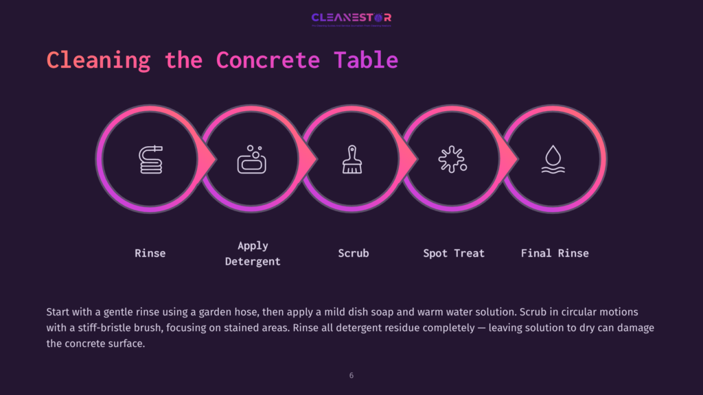 Five Circular Icons With Pink Outlines Illustrate Steps For Cleaning: Rinse, Apply Detergent, Scrub, Spot Treat, And Final Rinse, On A Dark Background.