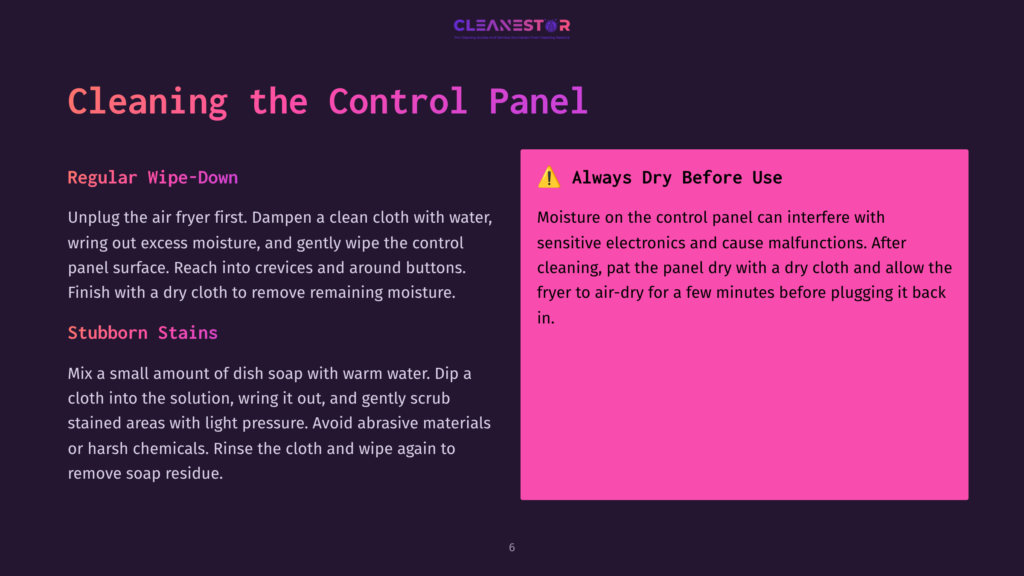 Instructions For Cleaning A Control Panel, Featuring A Pink Warning Box And Text On A Dark Background, With Illustrated Step-By-Step Cleaning Tips.