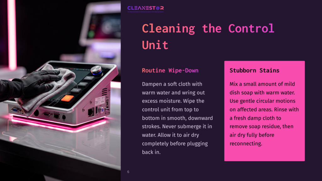 Control Unit With Bright Buttons And Screen, Paired With Instructions For Cleaning Methods And Tips On Stubborn Stains.
