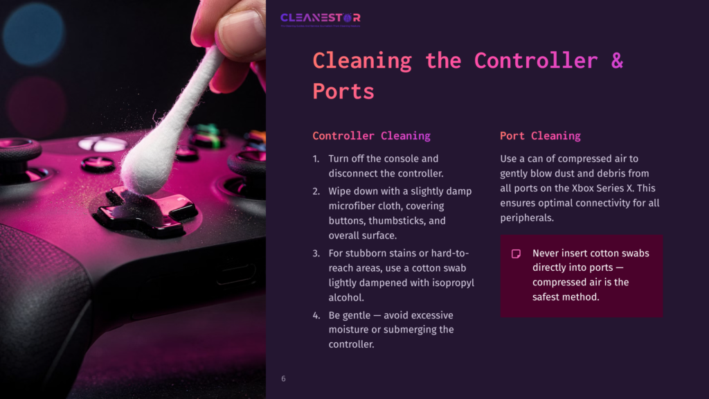 A Close-Up Of A Game Controller With A Cotton Swab Cleaning The Side, Featuring A Dark Background And Vibrant Purple Accents.