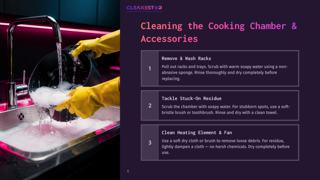 Hands In Yellow Rubber Gloves Scrub Cooking Racks In A Sink Filled With Soapy Water, With A Text Overlay About Cleaning A Cooking Chamber And Accessories.