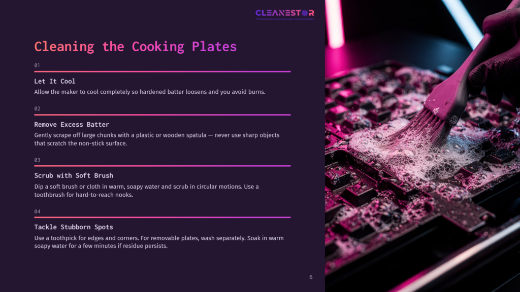 A Cleaning Guide With A Hand Using A Brush On A Soapy Waffle Cone Maker, Featuring Pink And Purple Lighting For Contrast.