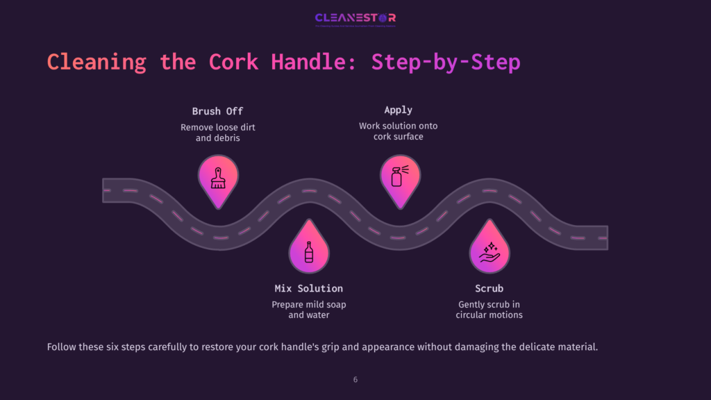 6 Cleaning The Cork Handle Step By Step Infographic Illustrating Six Steps To Clean A Cork Handle: Brush Off, Apply, Mix Solution, Scrub, With Icons Representing Each Step Along A Winding Road Graphic. Text: &Quot;Cleaning The Cork Handle: Step-By-Step&Quot;.