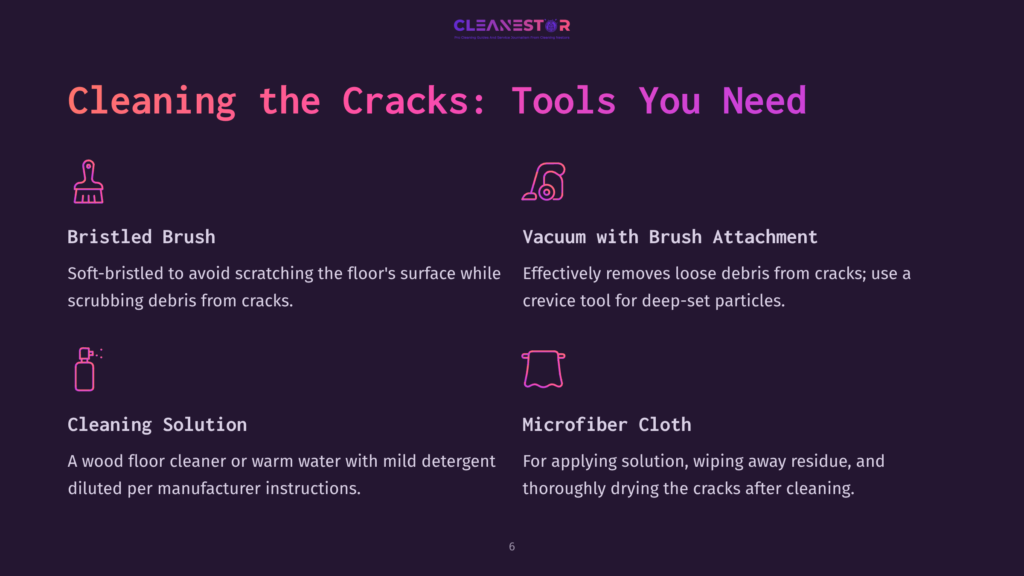 Instructions For Cleaning Hardwood Floor Cracks, Featuring A Bristled Brush, Vacuum With Brush Attachment, Cleaning Solution, And A Microfiber Cloth.