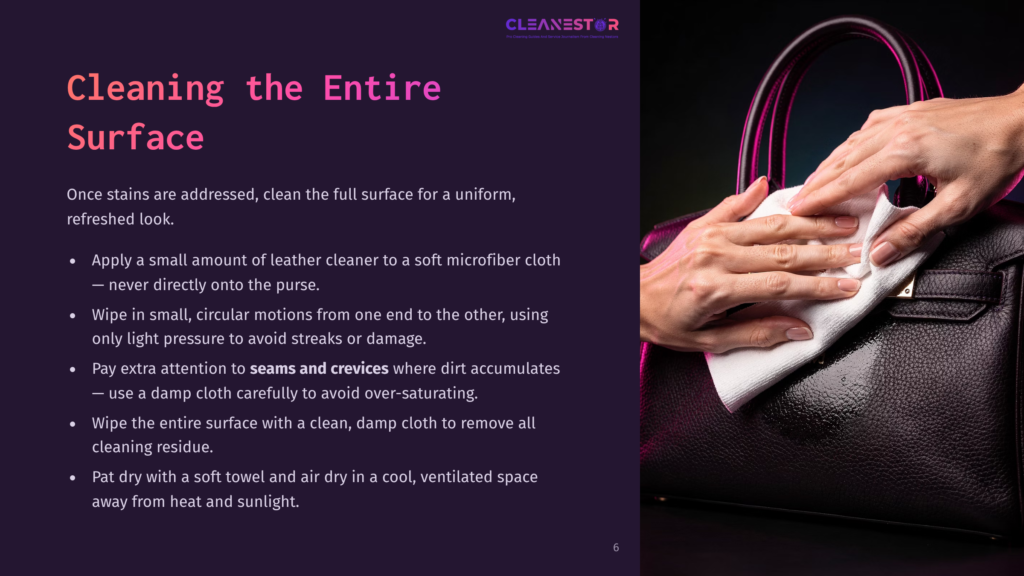 Close-Up Of Hands Gently Cleaning A Black Leather Handbag With A White Microfiber Cloth, Showing The Texture And Shine Of The Material. Text Overlay Reads &Quot;Cleanestar Cleaning The Entire Surface&Quot;.