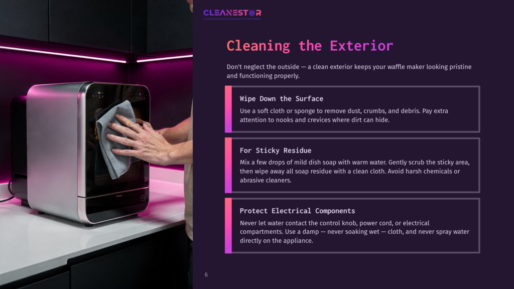 A Person Wiping The Exterior Of A Stainless Steel Waffle Maker With A Cloth, Surrounded By A Purple And Black Kitchen Background.
