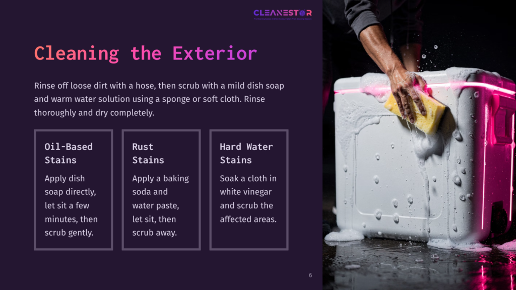 A Person'S Hands Scrub A White Cooler With A Yellow Sponge, Surrounded By Pink Neon Lights And White Foam. Text On The Left Details Exterior Cleaning Tips For Oil-Based Stains, Rust, And Hard Water Stains.