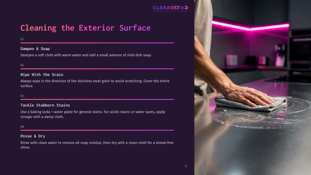 A Hand Wipes A Stainless Steel Surface With A Cloth, Accompanied By Cleaning Steps In White Text On A Dark Background With Purple Accents.