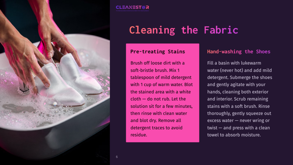 White Fabric Boots Are Gently Cleaned In A Sink Filled With Soapy Water, With Hands Carefully Scrubbing The Material. The Image Includes Text From A Guide On Cleaning Fabric Shoes.