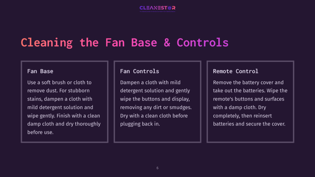 Instructions For Cleaning A Fan, Including Sections For Fan Base, Controls, And Remote Control; Uses Purple Background With Bold White Text.
