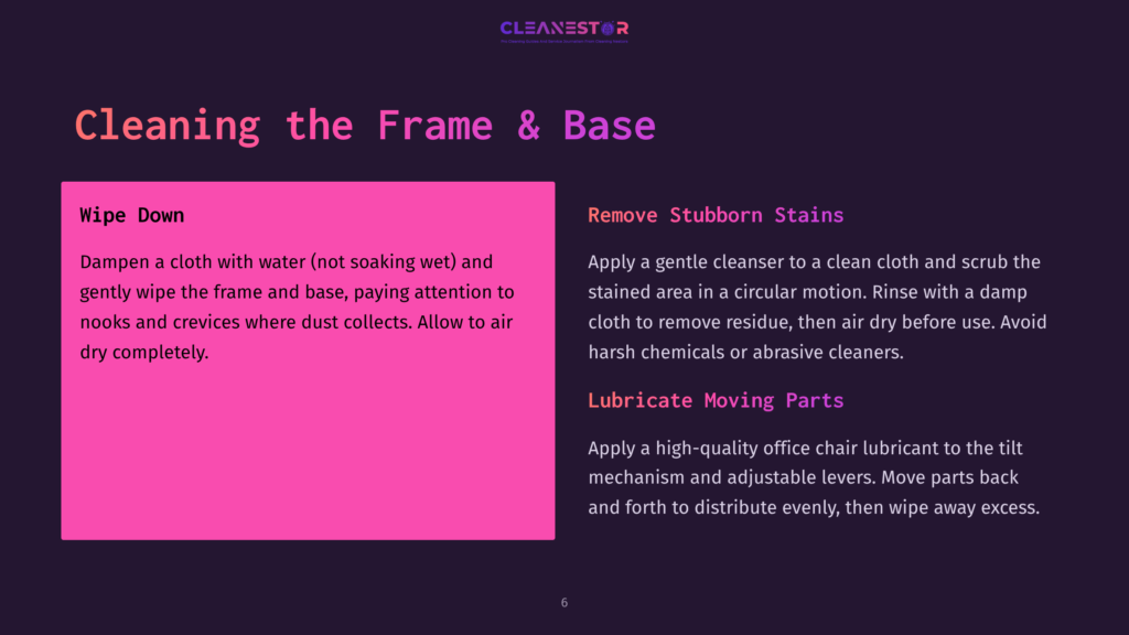 Text Instructions On A Dark Background, Featuring Pink Highlights. Focus On Cleaning Tips For An Office Chair'S Frame And Base.