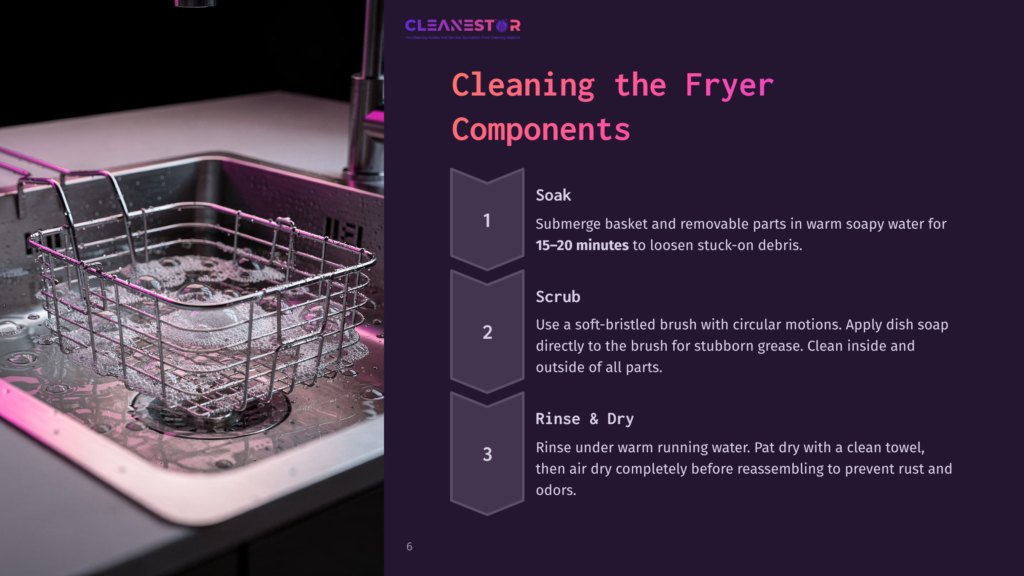 A Stainless Steel Fryer Basket In A Sink Filled With Soapy Water, With Cleaning Steps Listed On The Side In A Pink And Purple Layout.
