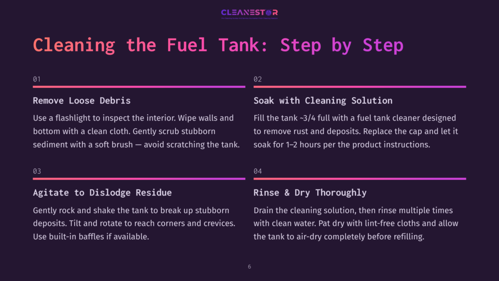 6 Cleaning The Fuel Tank Step By Step Cleaning The Fuel Tank: Step By Step. This Guide Details How To Remove Loose Debris, Soak With Cleaning Solution, Agitate To Dislodge Residue, And Rinse And Dry Thoroughly.