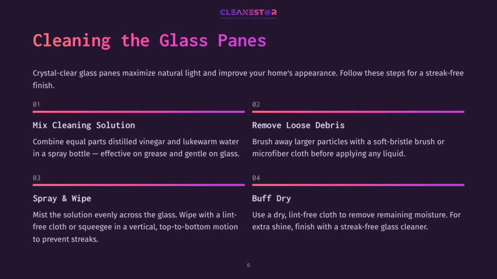 6 Cleaning The Glass Panes 1 Infographic Titled &Quot;Cleaning The Glass Panes&Quot; With Steps: Mix Cleaning Solution, Remove Loose Debris, Spray &Amp; Wipe, And Buff Dry. Purple And Pink Gradient Background.