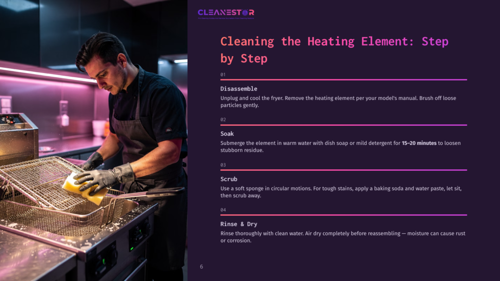 Chef Wearing Black Gloves Cleans A Deep Fryer Heating Element With A Yellow Sponge And Soap In A Commercial Kitchen.