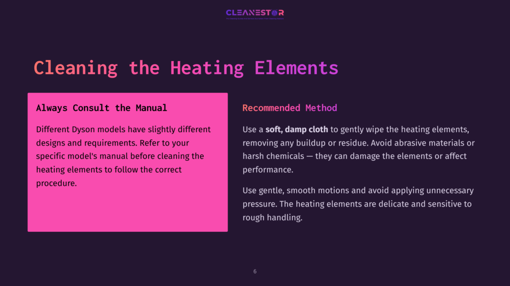 Instructions On Cleaning Heating Elements, Featuring A Pink Box With Tips And A Dark Purple Background For Readability.
