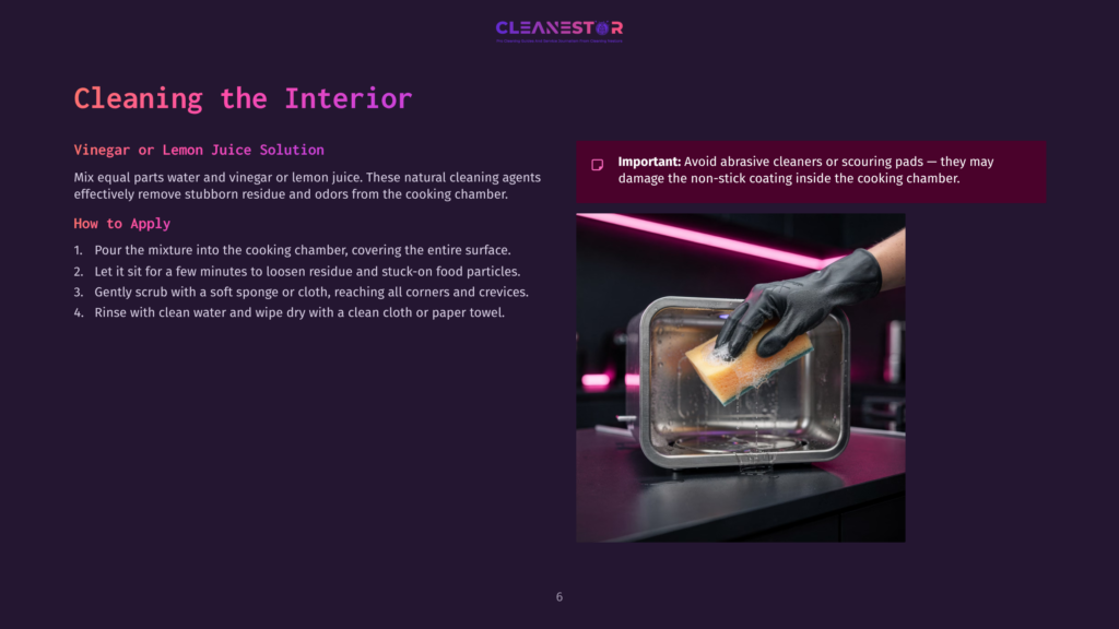 A Person In A Black Glove Cleans A Glass Cooking Chamber With A Sponge, Surrounded By A Pink And Purple Gradient Background.