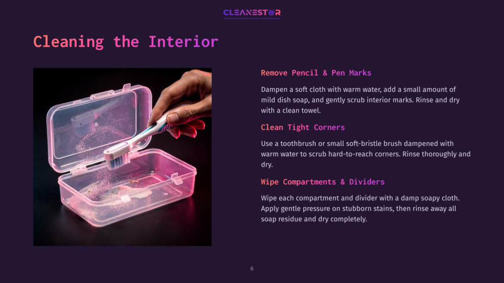 A Transparent Pink Plastic Pencil Box With A Cleaning Process Displayed, Featuring A Toothbrush And Damp Cloth For Removing Stains.