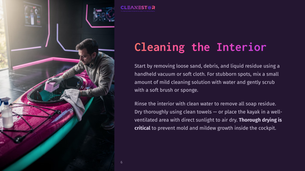 6 Cleaning The Interior 3 A Man Cleans A Pink Kayak Interior With A Sponge And Cleaning Solution, Following Cleanestor'S Guide To Thorough Interior Cleaning And Drying.