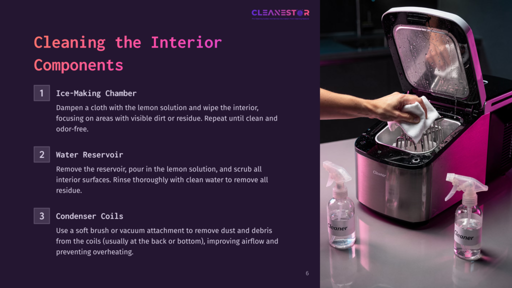 6 Cleaning The Interior Components A Person'S Hands Wipe The Interior Of A Cleanestar Ice Maker With A White Cloth. The Lid Is Open, Revealing The Ice-Making Chamber And Water Reservoir, With Two Spray Bottles Of Cleaning Solution Nearby.