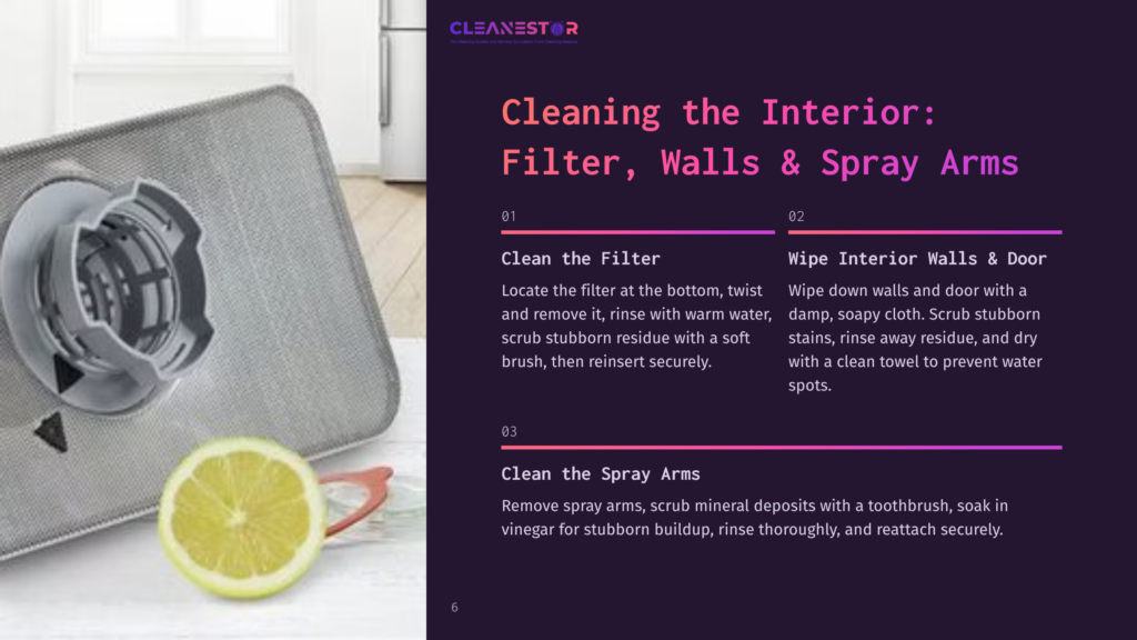 Close-Up Of A Dishwasher Interior Cleaning Guide With Text &Quot;Cleanestor&Quot;, &Quot;Cleaning The Interior: Filter, Walls &Amp; Spray Arms&Quot;, And Numbered Steps On A Dark Background. A Lemon Half And A Dishwasher Filter Are In The Foreground.
