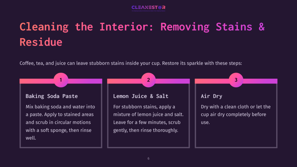 Infographic Titled &Quot;Cleaning The Interior: Removing Stains &Amp; Residue&Quot; With Three Steps: Baking Soda Paste, Lemon Juice &Amp; Salt, And Air Dry, Offering Solutions For Coffee, Tea, And Juice Stains.