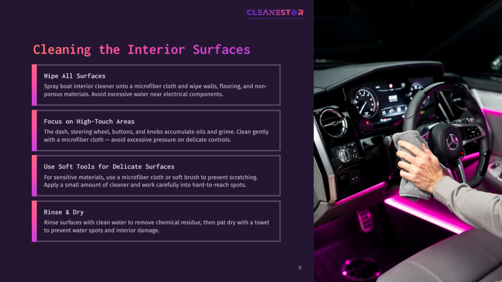 A Boat Interior Featuring A Steering Wheel, Dashboard, And Colorful Ambient Lighting, With Cleaning Tools And Instructions On A Dark Background.
