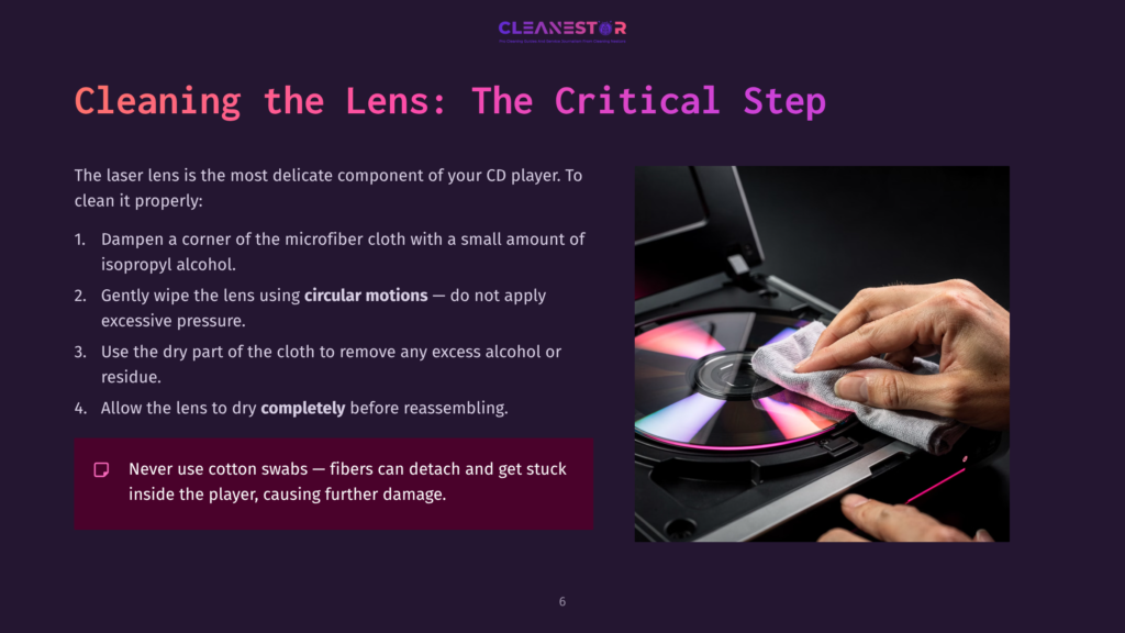 6 Cleaning The Lens The Critical Step Close-Up Of A Hand Using A Microfiber Cloth To Clean A Car Cd Player Lens, With Colorful Cd And Important Cleaning Tips Visible.