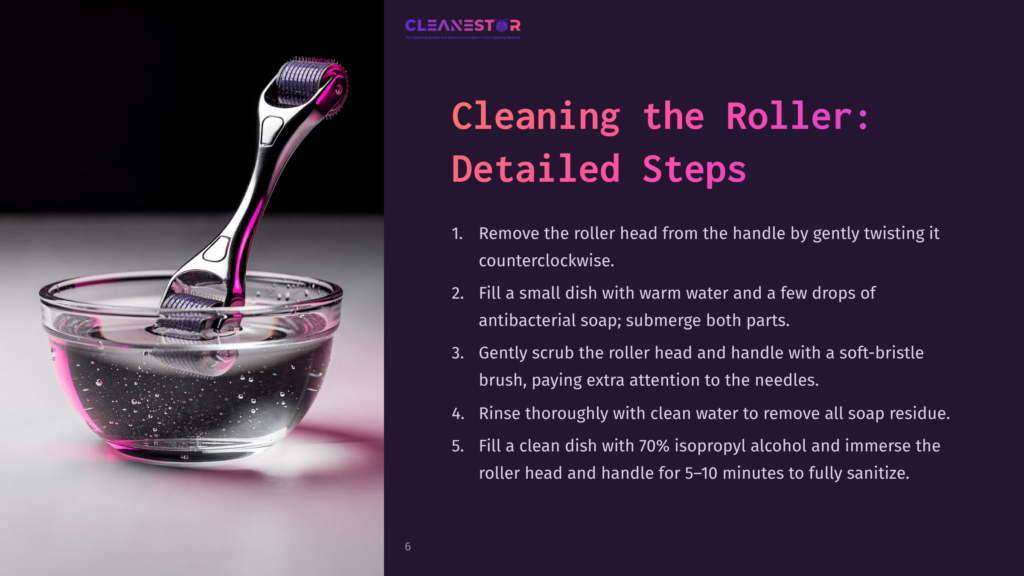 A Silver Derma Roller Resting On The Edge Of A Clear Glass Bowl Filled With Water, Against A Dark Purple Background With Cleaning Instructions.