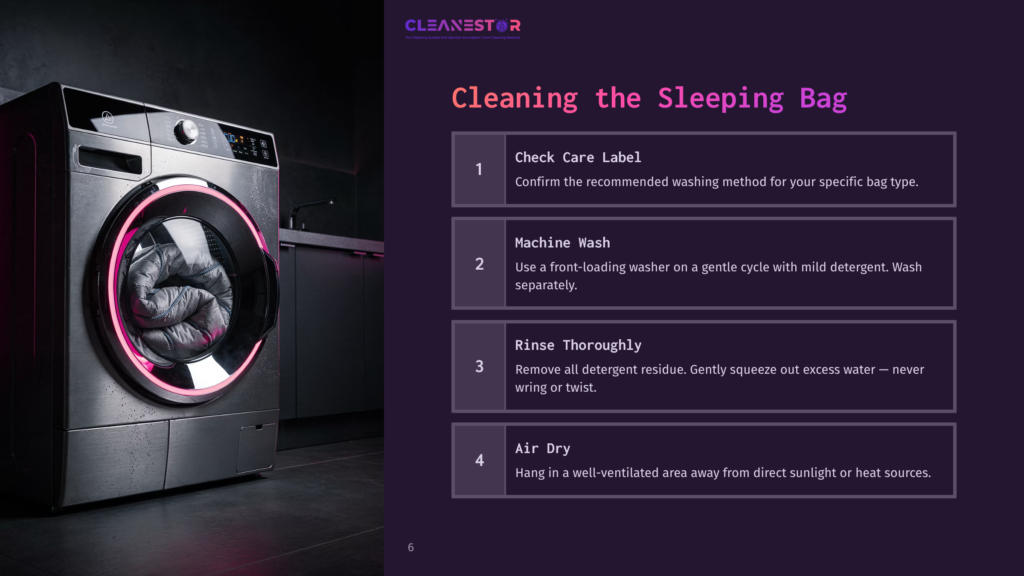 A Modern Washing Machine With A Glowing Pink Door. Text On The Right Outlines Steps For Cleaning A Sleeping Bag Effectively.