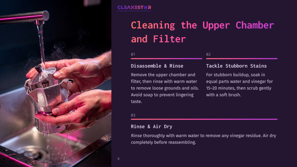 Hands Rinsing A Disassembled Bialetti Coffee Maker Under Running Water, With A Dark Countertop And Soft Lighting In The Background.
