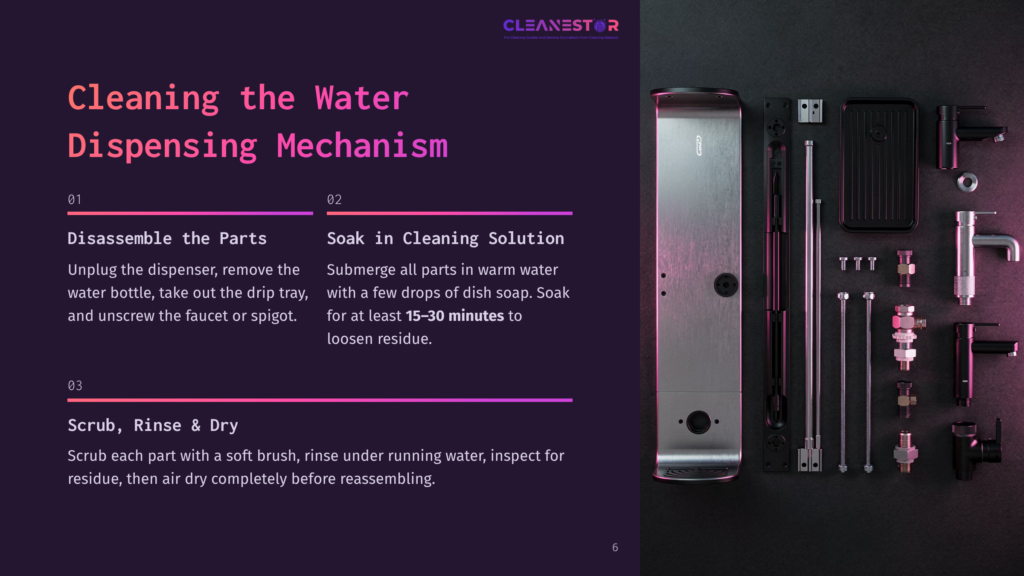6 Cleaning The Water Dispensing Mechanism Disassembled Water Dispenser Parts Arranged On A Dark Background, With Cleaning Instructions Highlighted In Purple And White Text.