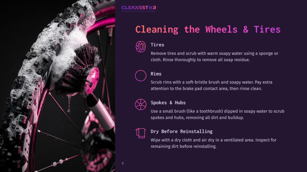 A Close-Up Of A Mountain Bike Wheel Being Cleaned With A Brush, Showing Wet Soap, A Sponge, And Highlighted Steps In Bold Purple Text.