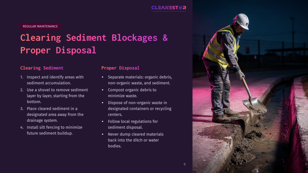 6 Clearing Sediment Blockages And Proper Disposal A Worker In A Yellow Safety Vest And Hard Hat Uses A Shovel To Clear Muddy Sediment From A Drainage Ditch, With The &Quot;Cleanestar&Quot; Logo And Text About &Quot;Clearing Sediment Blockages &Amp; Proper Disposal&Quot; Visible In The Foreground.