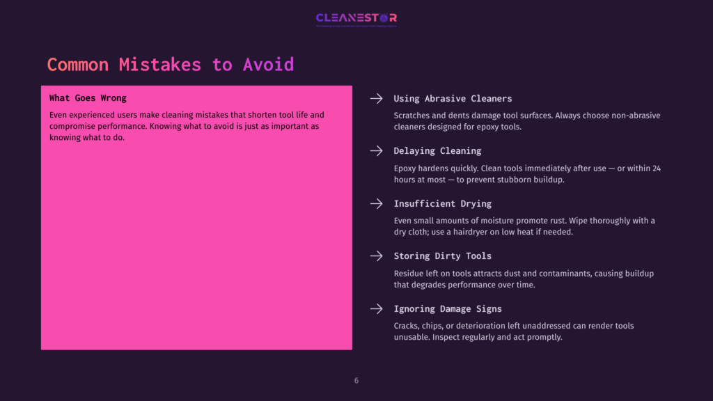 Presentation Slide Titled &Quot;Common Mistakes To Avoid&Quot; With A Pink Section Listing &Quot;What Goes Wrong&Quot; And A Purple Section Detailing Mistakes Like &Quot;Using Abrasive Cleaners,&Quot; &Quot;Delaying Cleaning,&Quot; &Quot;Insufficient Drying,&Quot; &Quot;Storing Dirty Tools,&Quot; And &Quot;Ignoring Damage Signs.