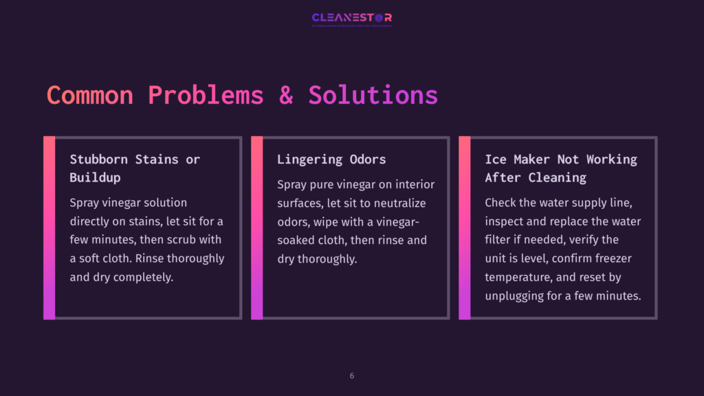 A Presentation Slide Titled &Quot;Common Problems &Amp; Solutions&Quot; With Three Columns Addressing Stubborn Stains, Lingering Odors, And Ice Maker Issues, Featuring Text Descriptions And A Cleanestor Logo.