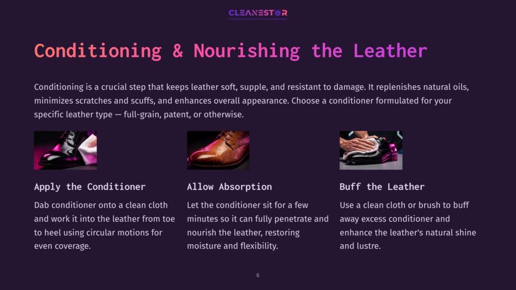 Three Images Demonstrate Conditioning Leather: Applying Conditioner To A Black Shoe, A Close-Up Of A Brown Shoe Showing Absorption, And Buffing A Black Shoe With A Cloth For Shine.