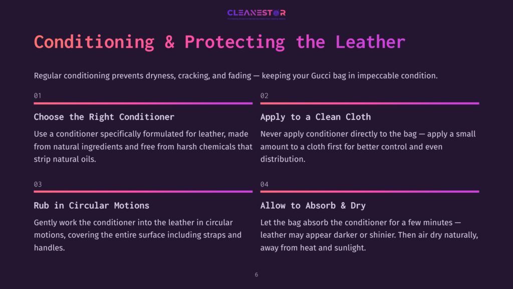 6 Conditioning And Protecting The Leather Illustration Of A Guide On Conditioning Leather, Featuring Numbered Steps In Purple Text With White Icons, Set Against A Dark Background.