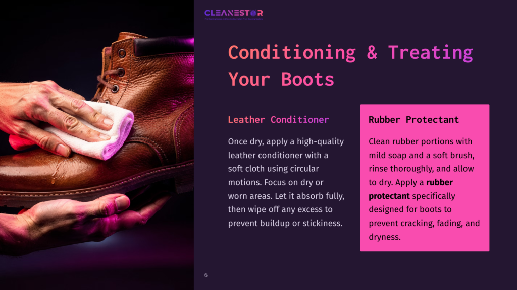 6 Conditioning And Treating Your Boots Close-Up Of Hands Conditioning A Brown Leather Boot With A White Cloth, With Text &Quot;Conditioning &Amp; Treating Your Boots&Quot; And &Quot;Leather Conditioner&Quot; Visible.