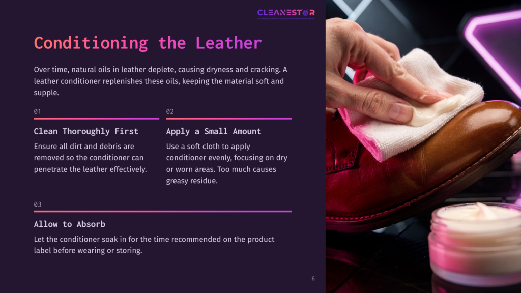A Hand Gently Applies White Leather Conditioner To A Rich Brown Leather Shoe With A White Cloth. A Small Jar Of Conditioner Is Visible In The Foreground.