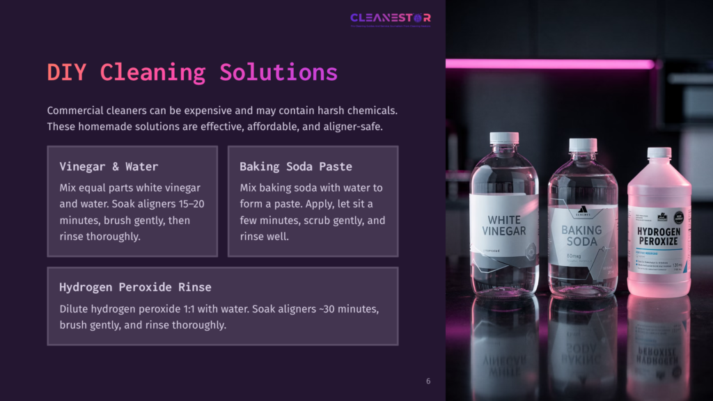 Three Clear Bottles Labeled &Quot;White Vinegar,&Quot; &Quot;Baking Soda,&Quot; And &Quot;Hydrogen Peroxide&Quot; Sit On A Dark Surface, With Pink Ambient Lighting.
