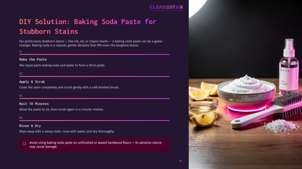 6 Diy Solution Baking Soda Paste For Stubborn Stains A Bowl Of Baking Soda Paste, Lemon Slices, And A Spray Bottle On One Side; Instructions For Stain Removal On The Other, On A Dark Background.