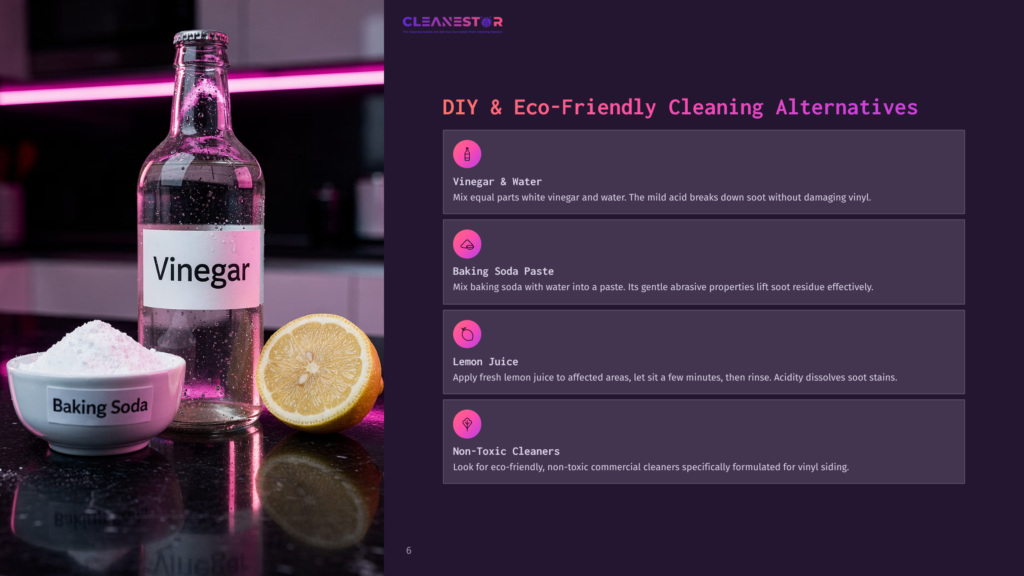 A Bottle Labeled 'Vinegar' Beside A Bowl Of Baking Soda And A Lemon, With Cleaning Tips For Soot Removal On A Dark Countertop.