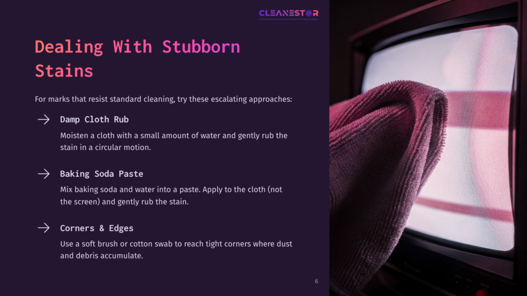 A Crt Screen With A Purple Cloth Draped Over The Edge, Alongside Cleaning Tips For Stubborn Stains. The Background Is Dark And Modern.