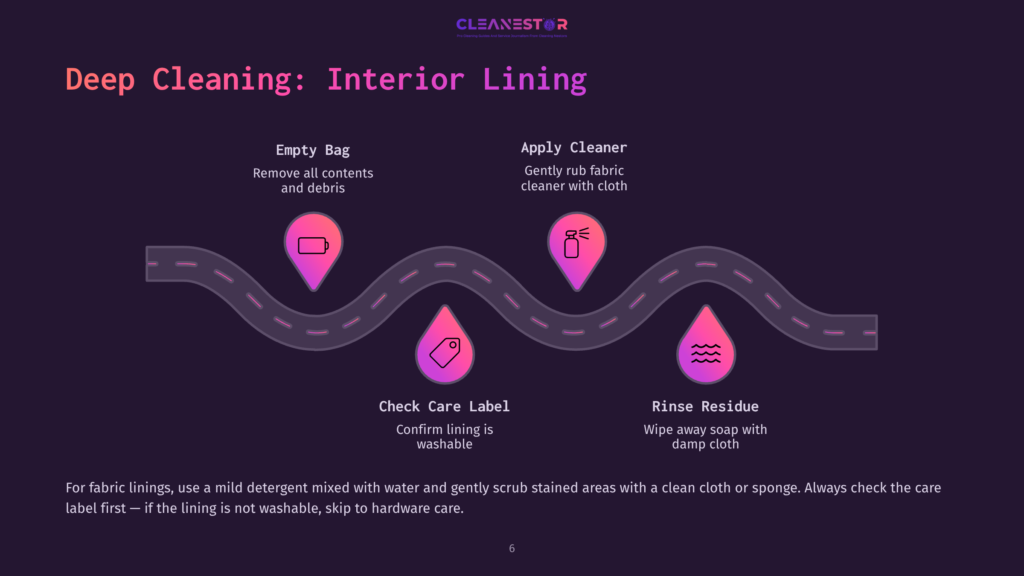 Diagram Illustrating Deep Cleaning Interior Lining: Empty Bag, Apply Cleaner, Check Care Label, Rinse Residue. Icons Show A Vacuum Bag, Spray Bottle, Tag, And Water Waves.
