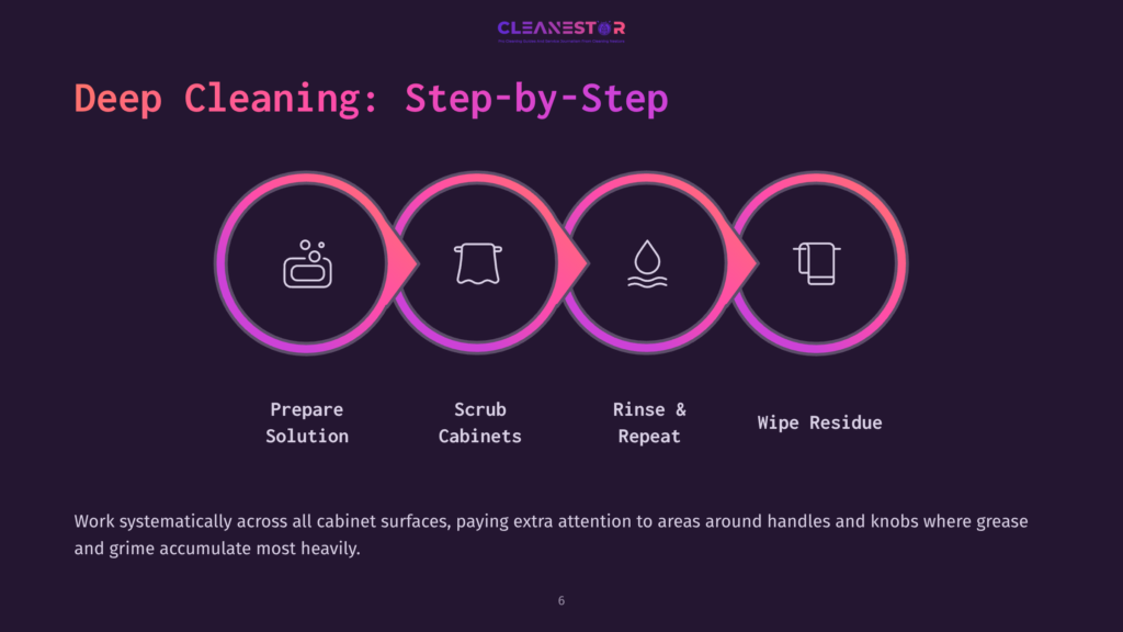 Four-Step Cleaning Guide Featuring Icons: A Spray Bottle, Cleaning Cloth, Water Droplet, And A Wipe, With Purple And Pink Accents.