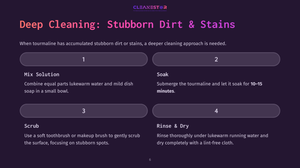 Infographic Detailing A Four-Step Deep Cleaning Process For Stubborn Dirt And Stains On Tourmaline, Featuring Numbered Steps: 1. Mix Solution, 2. Soak, 3. Scrub, And 4. Rinse &Amp; Dry.